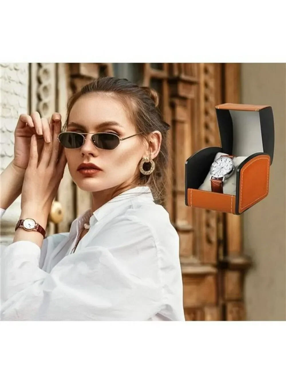 PU Leather Single Watch Travel Case with Cushion Brown Jewelry Storage Box